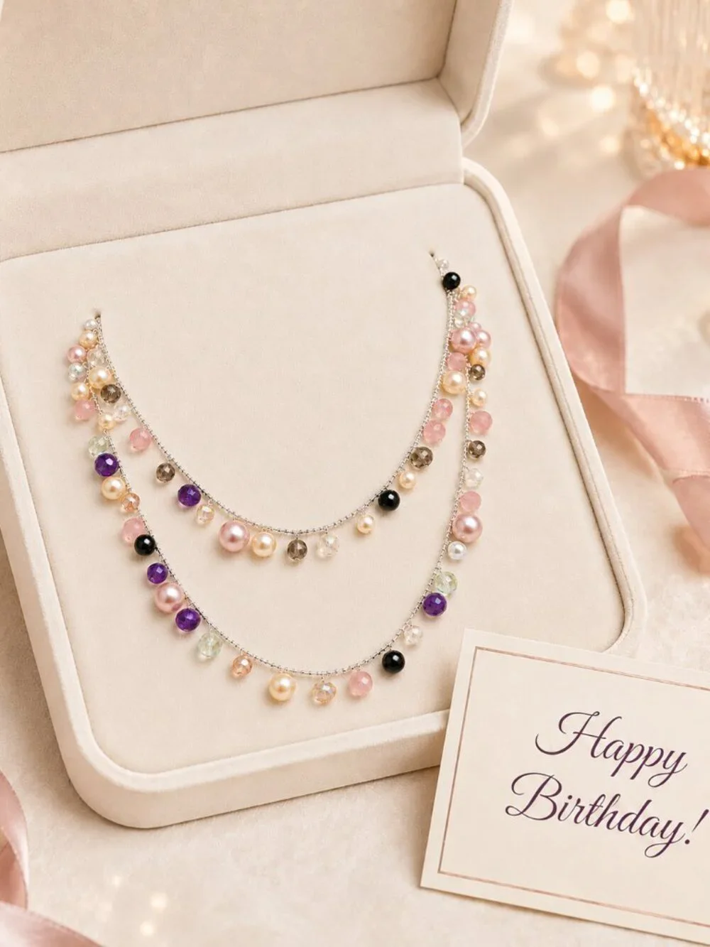 Silver-Tone Multicolor Beaded Station Necklace
